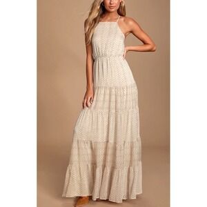 Lulu's Cream Halter Tiered Maxi Dress with Micro Print